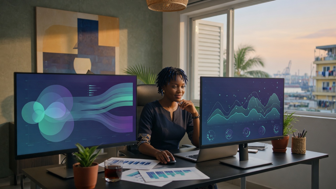 Analyste de données concentrée sur des tableaux de bord dans un bureau contemporain à Douala
