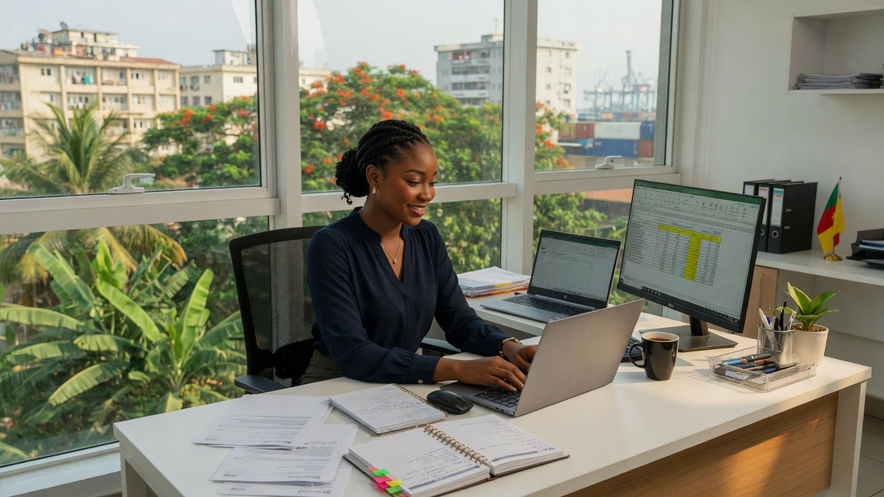 Assistante de direction au travail sur Word et Excel dans un bureau à Douala